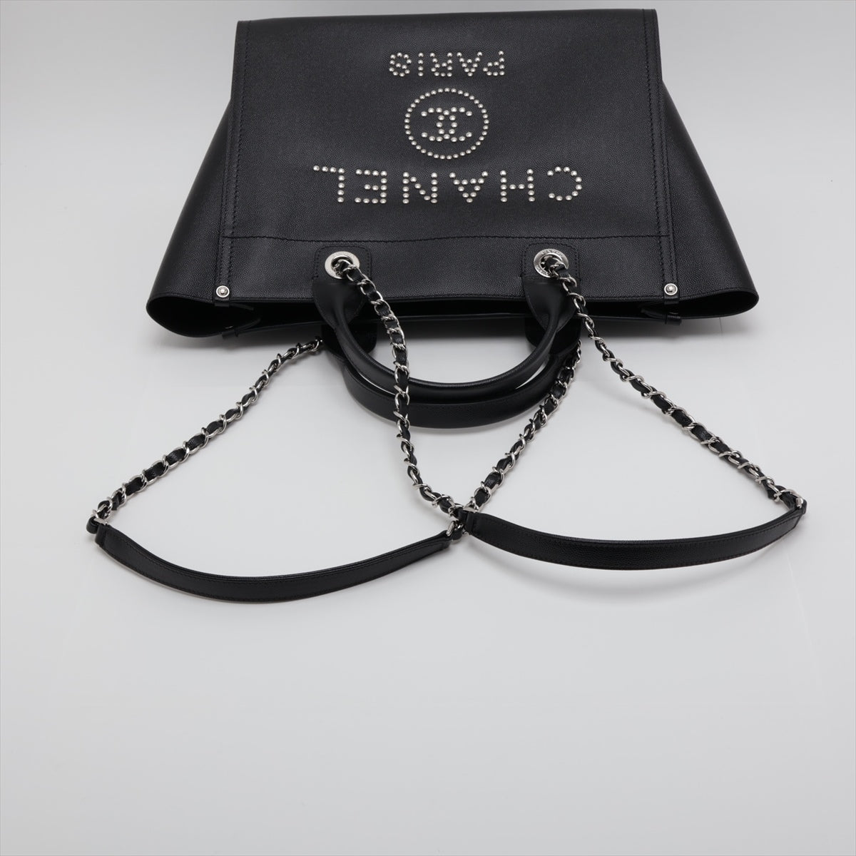 Chanel Deauville Caviarskin 2way handbag Black Silver Metal fittings 25XXXXXX