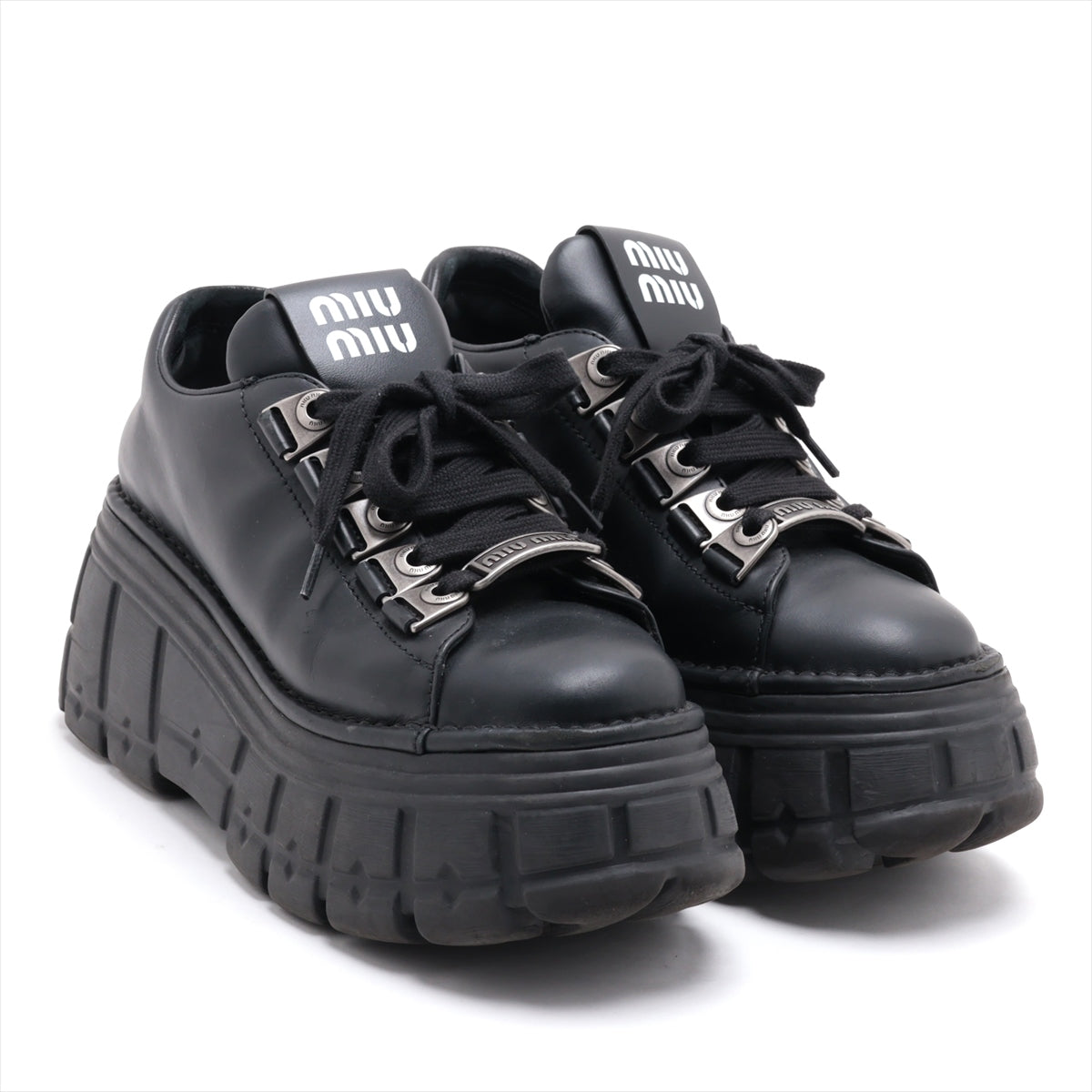 Miu Miu Leather Sneakers 37.5 Ladies' Black 679 Thick bottom lace-up derby
