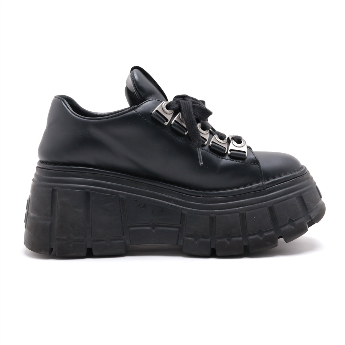 Miu Miu Leather Sneakers 37.5 Ladies' Black 679 Thick bottom lace-up derby