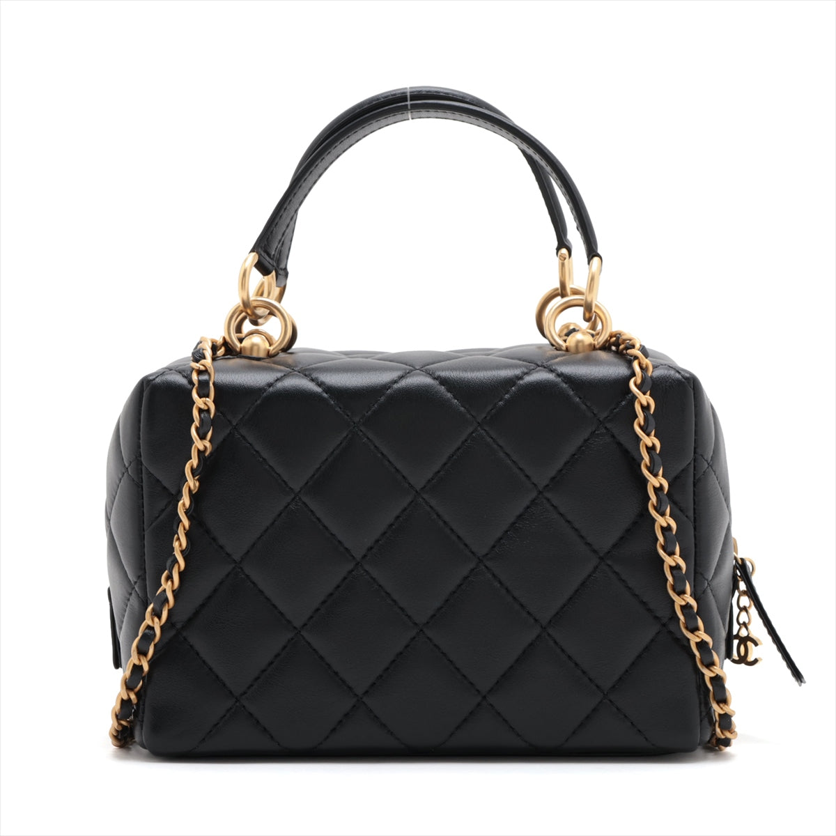 Chanel Matelasse Lambskin 2 Way Handbag mini bowling bag Black Gold Metal Fittings AS4202