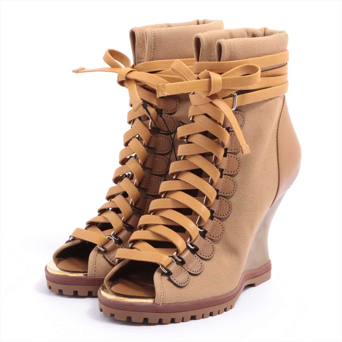 Chloe RIVER Canvas & leather Wedge Sole Sandals 35 Ladies' Camel Lace up