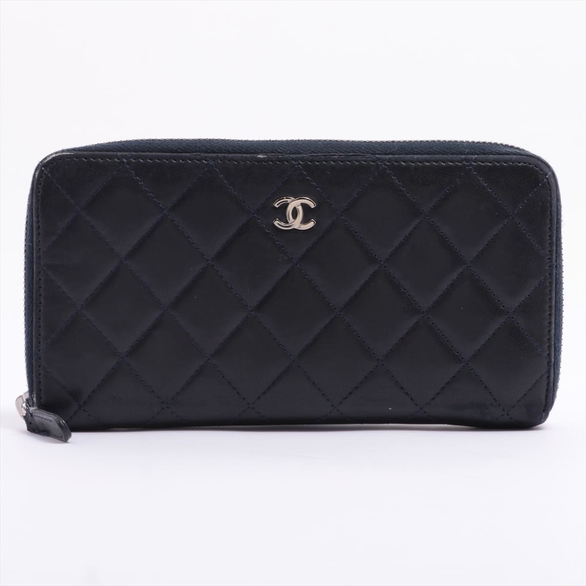 Chanel Matelasse Leather Round-Zip-Wallet Navy blue Silver Metal fittings 18XXXXXX