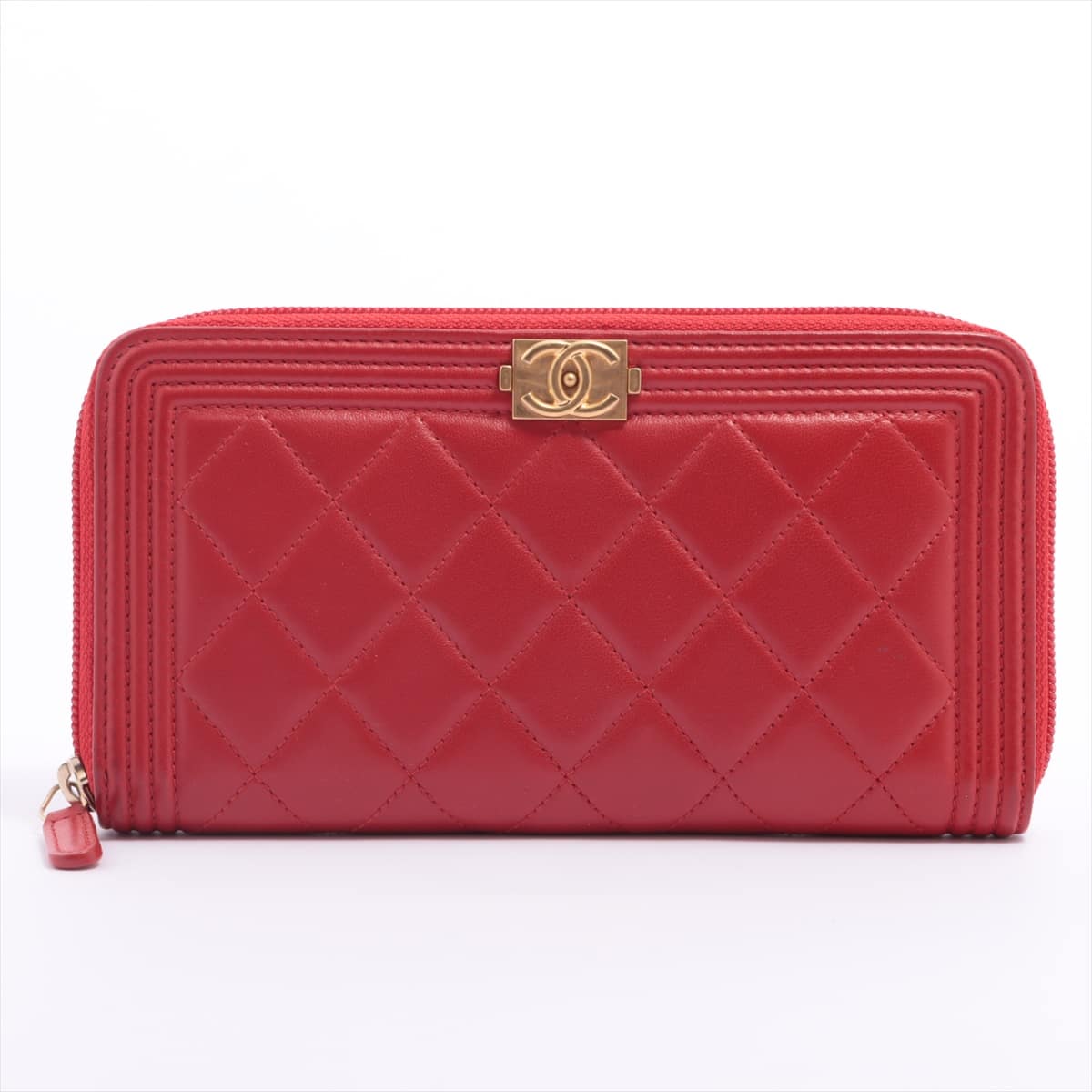 Chanel Boy Chanel Lambskin Round-Zip-Wallet Red Gold Metal fittings 21XXXXXX
