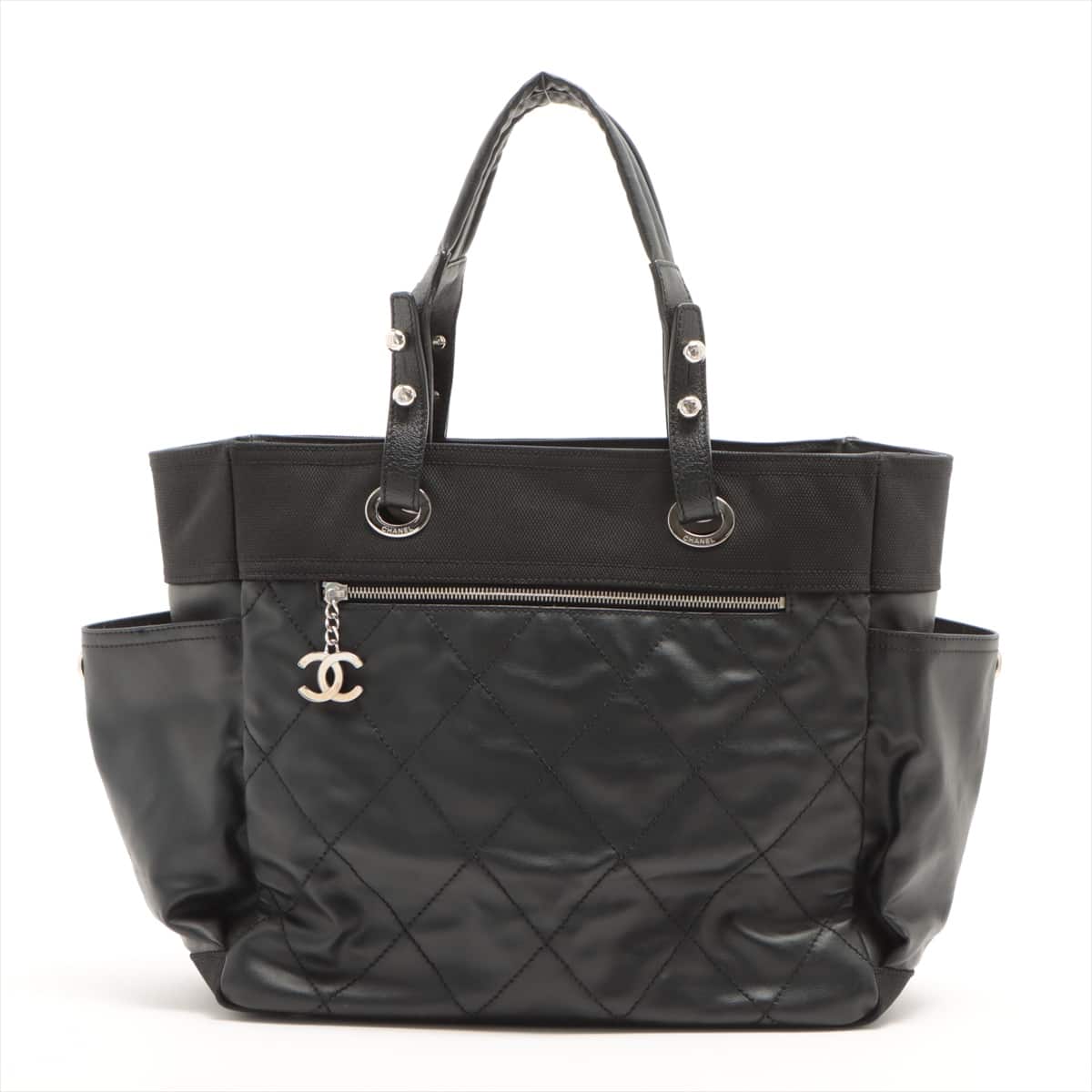 Chanel Paris Biarritz GM Coating canvas Tote bag Black Silver Metal fittings 11XXXXXX with pouch