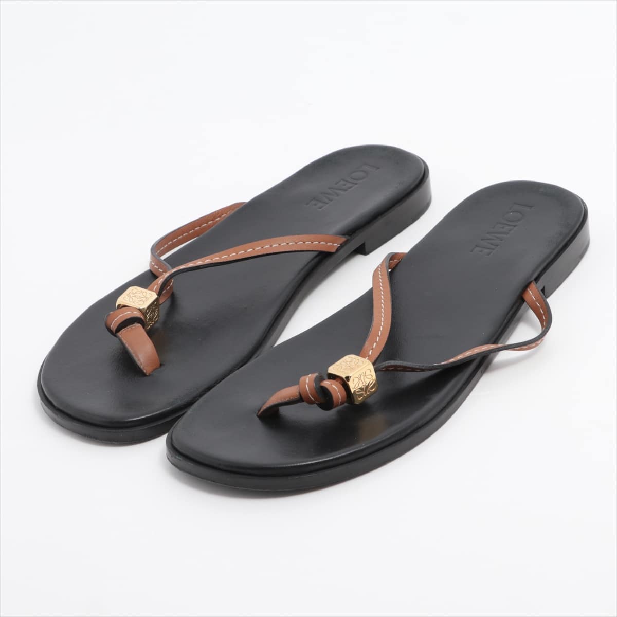 Loewe Anagram Leather Sandals 38 Ladies' Black × Brown Thong sandals