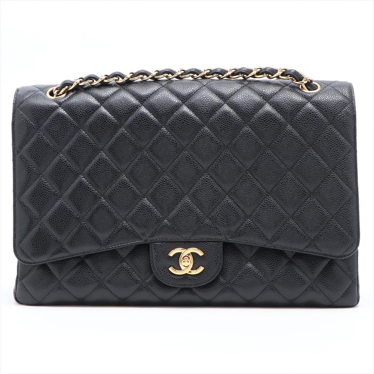 Chanel Big Matelasse Caviarskin Single flap Double chain bag Black Gold Metal fittings 13XXXXXX