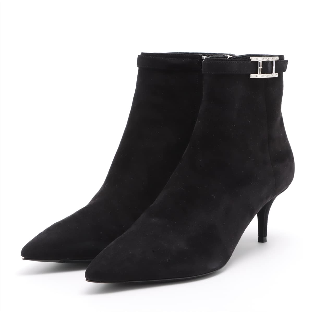 Hermès Suede Short Boots 38 1/2 Ladies' Black blanche Buckle There is a lift change