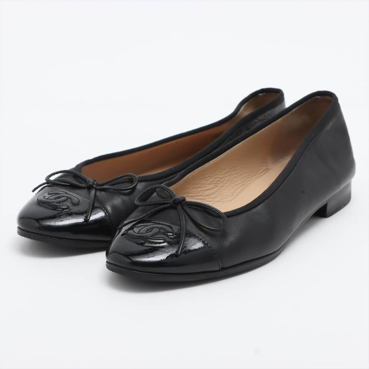 Chanel Coco Mark Leather & patent Flat Pumps 36 1/2 Ladies' Black A02819