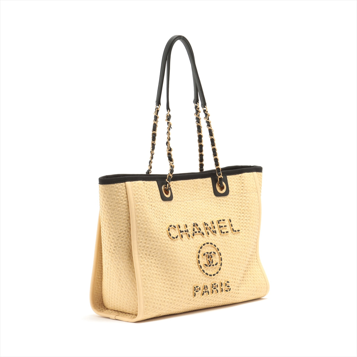 Chanel Deauville Raffia Chain tote bag Beige Gold Metal fittings 30