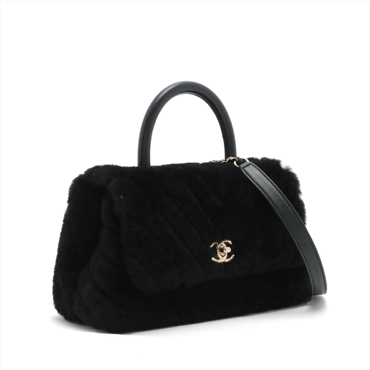 Chanel Coco Handle Fur 2way handbag Black Gold Metal fittings 28th
