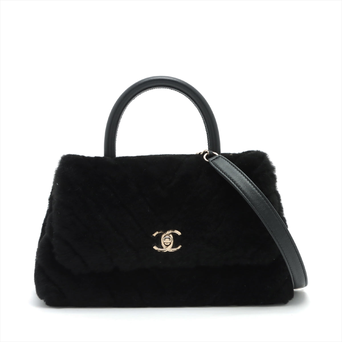 Chanel Coco Handle Fur 2way handbag Black Gold Metal fittings 28th