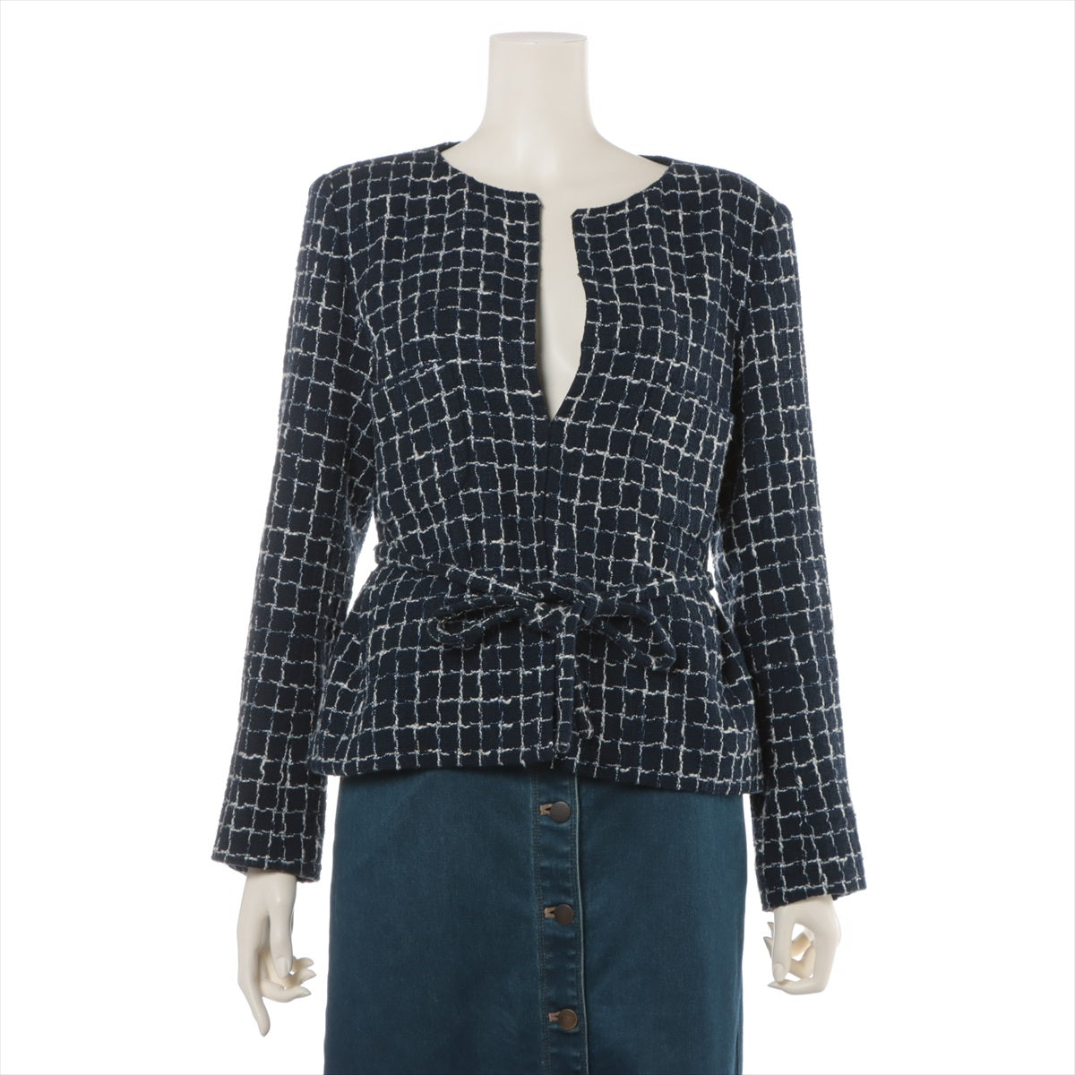Chanel Coco Button P49 Cotton Collarless jacket 42 Ladies' Navy Blue  P49012 Tweed