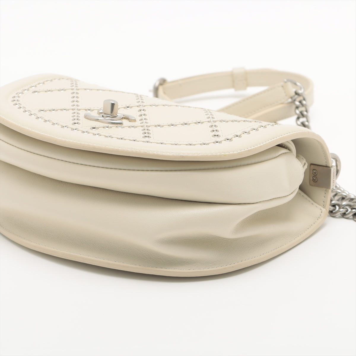 Chanel Matelasse Punching leather Chain shoulder bag Studs Ivory Silver Metal fittings 28th