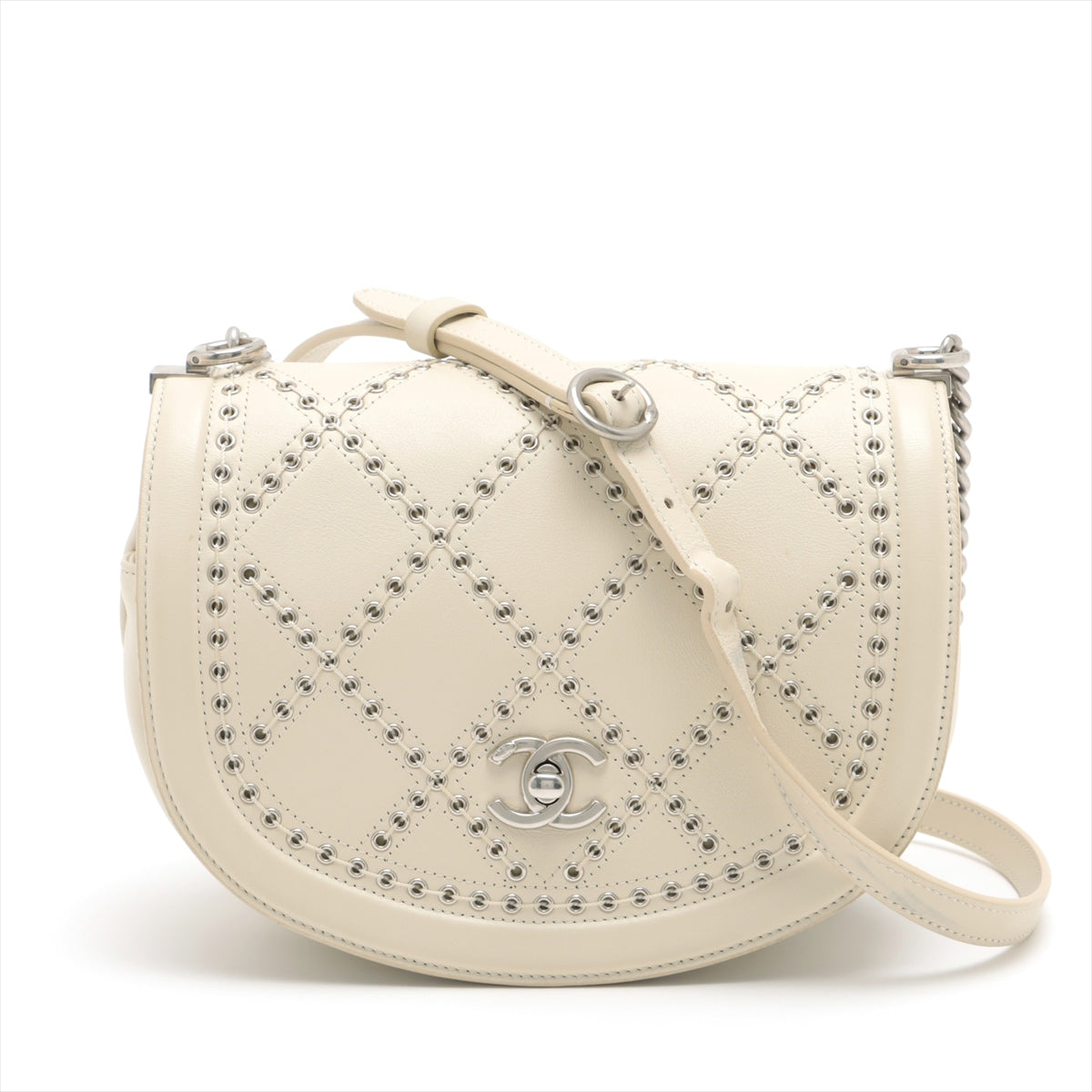 Chanel Matelasse Punching leather Chain shoulder bag Studs Ivory Silver Metal fittings 28th