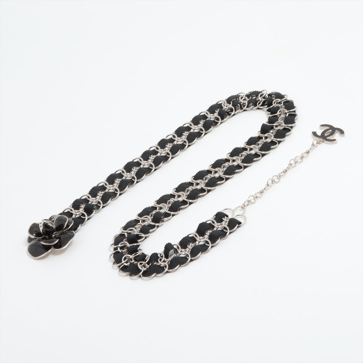 Chanel Coco Mark Camelia 08P Chain belt GP x nylon Black × Silver