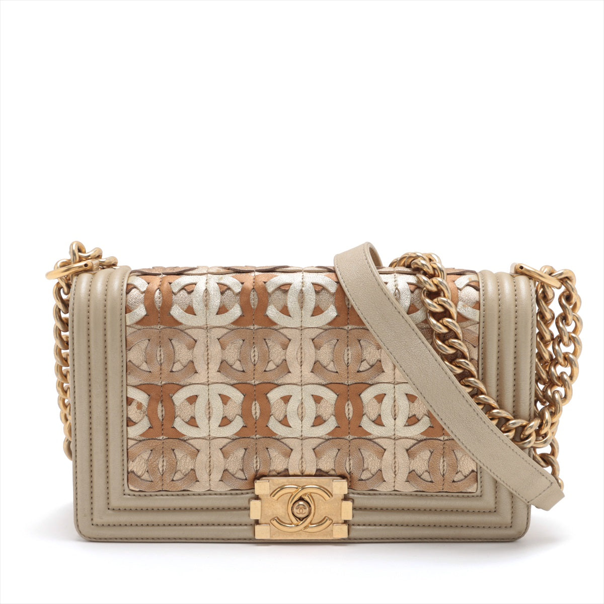 Chanel Boy Chanel Leather Chain Shoulder Bag Coco Mark Beige×Brown Gold Metal Fittings 20XXXXXX