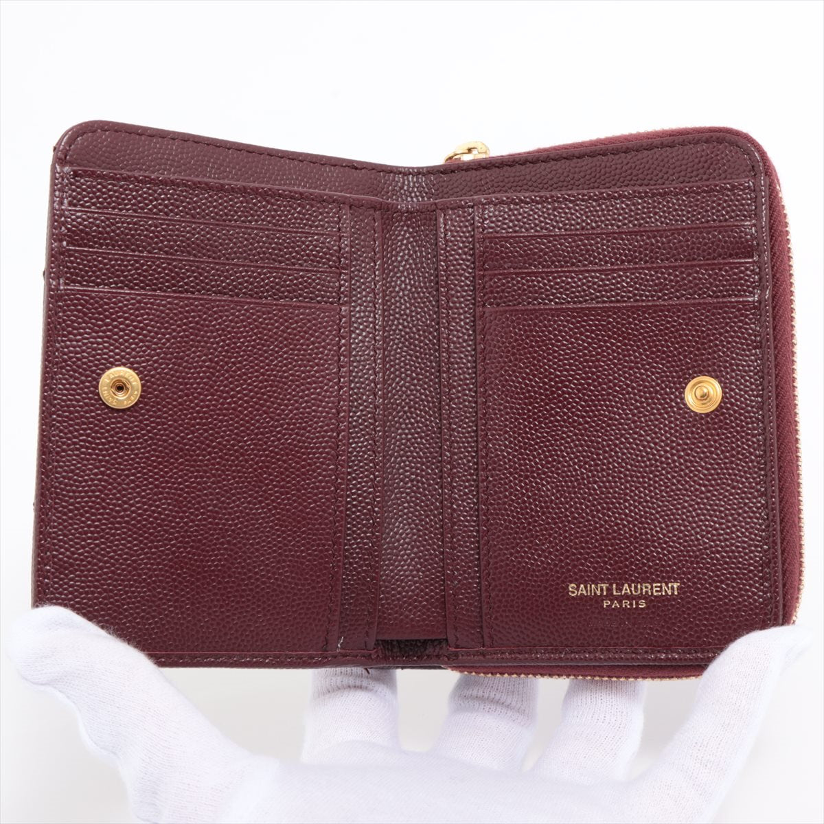Saint Laurent Paris V Stitch GUE403723 Leather Compact Wallet Bordeaux