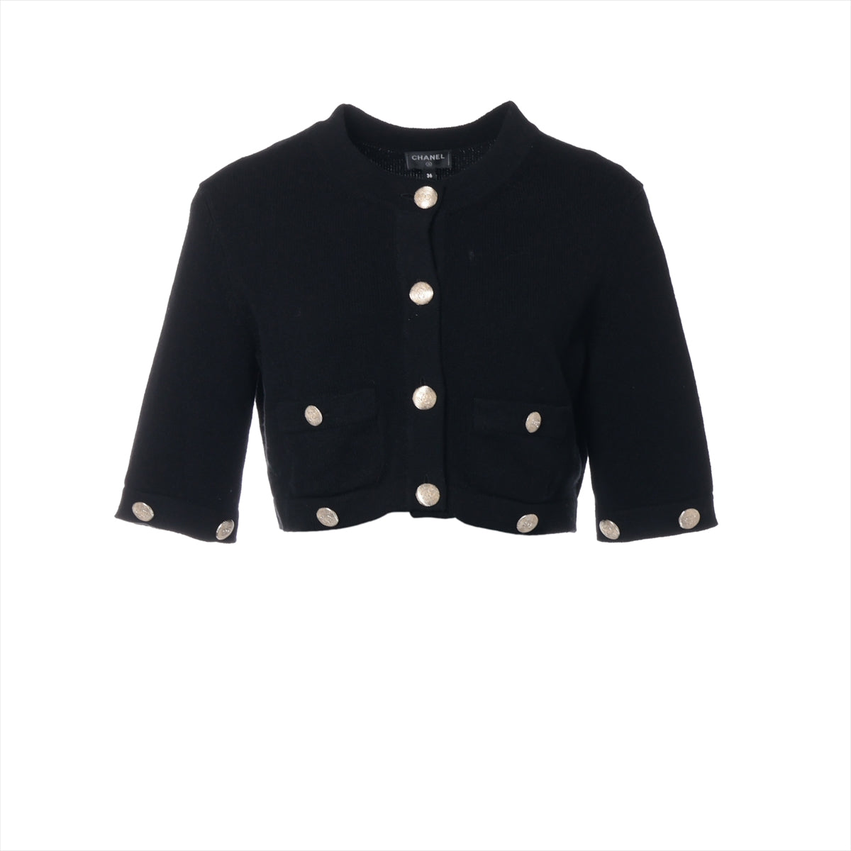 Chanel Coco Button 22SS Cashmere Cardigan 36 Ladies' Black × White  P72780 Bicolor Gold button sleeves Detachable hem