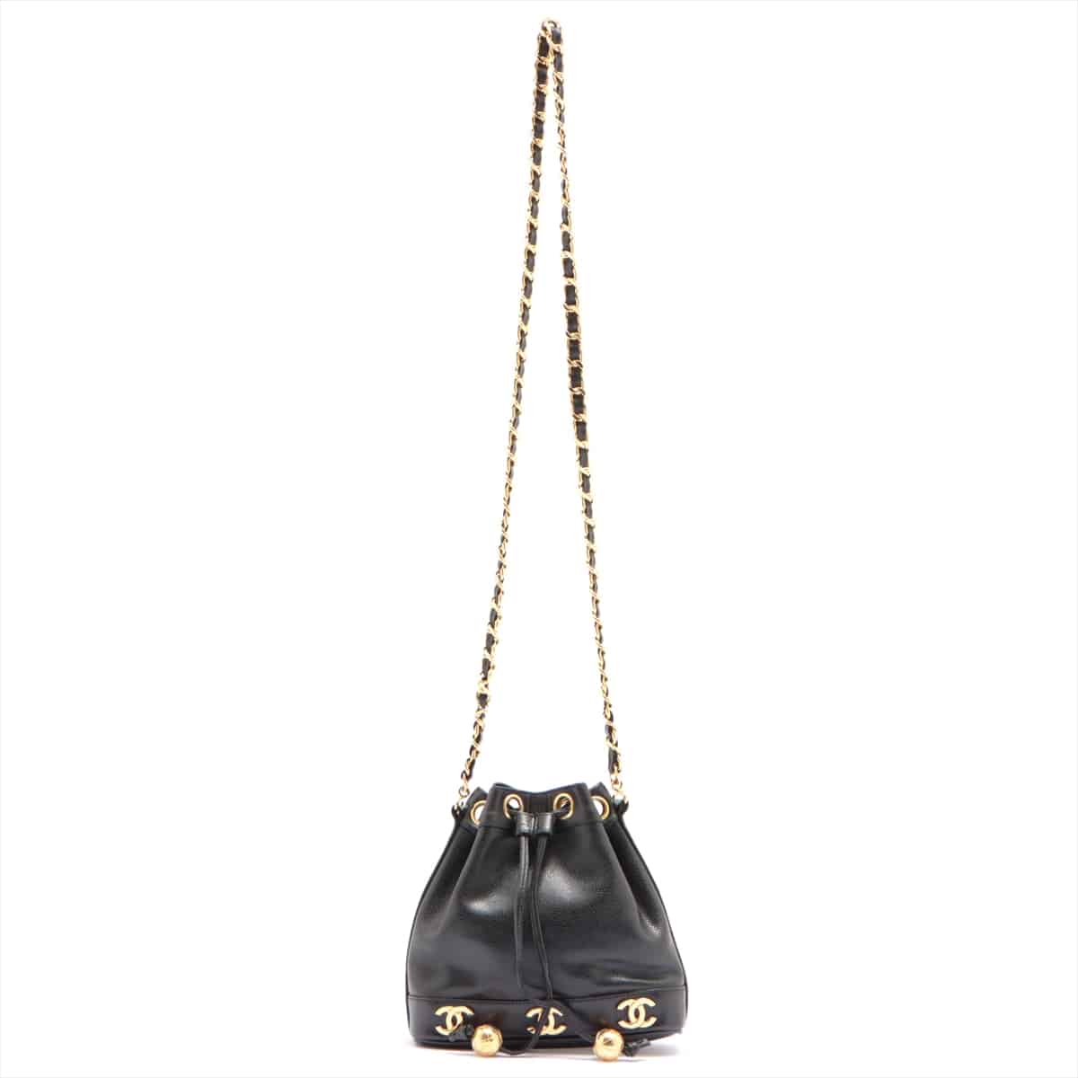 Chanel Triple Coco Caviarskin Drawstring shoulder bag Black Gold Metal fittings with pouch