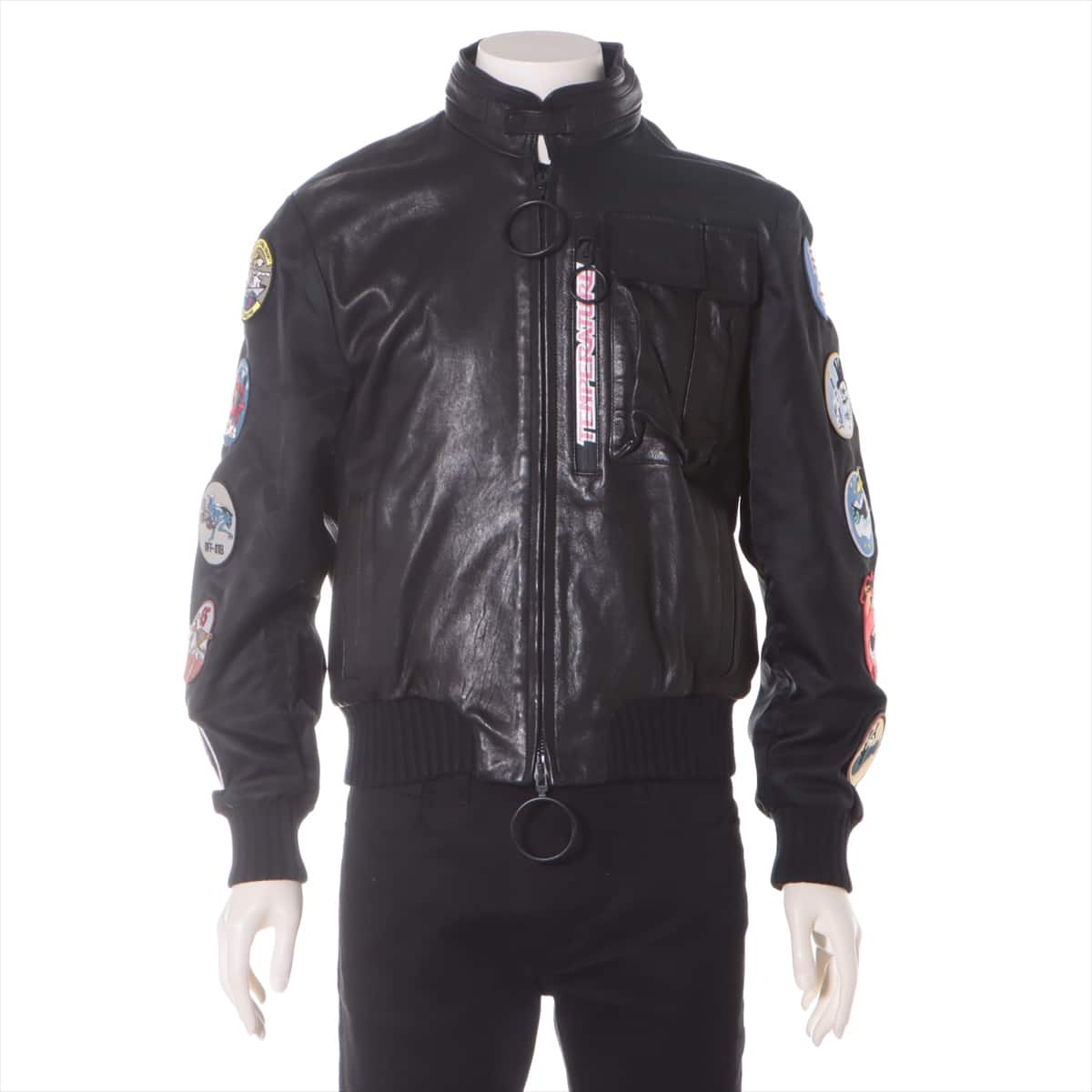 Off-White Leather Leather jacket XS Men's Black  Nylon switching Patches Can be stored in the hood