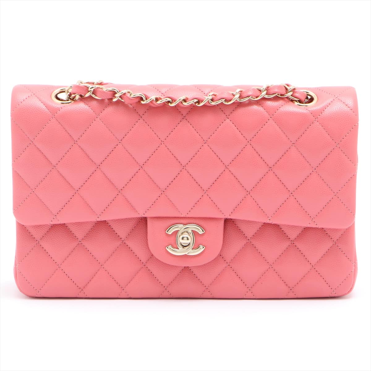 Chanel Matelasse Caviarskin Single flap Double chain handbag Pink Pink gold hardware 28th