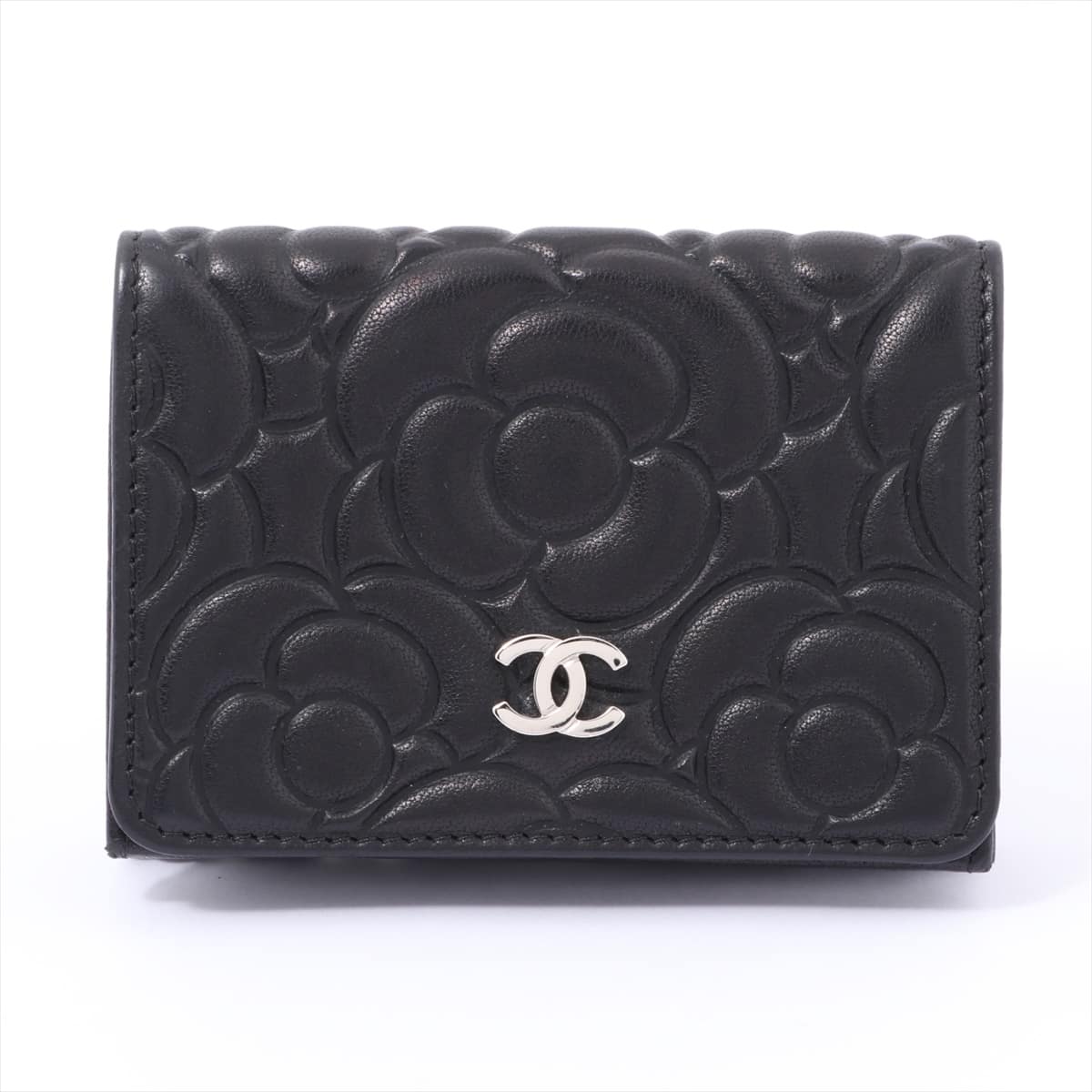 Chanel Camelia Lambskin Wallet Black Silver Metal fittings 27th