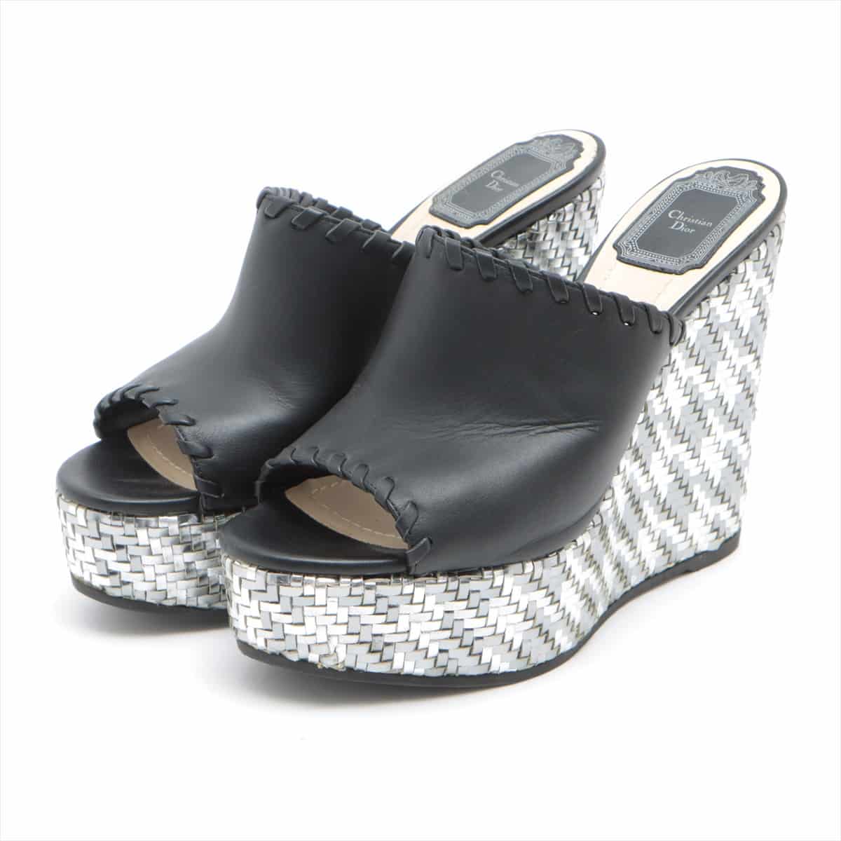 Christian Dior Leather Wedge Sole Sandals 37 1/2 Ladies' Black × Silver Intrecciato CL1116