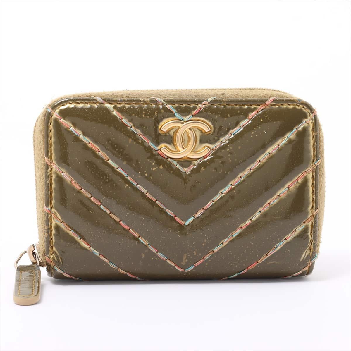 Chanel V Stitch Patent leather Coin case Khaki Gold Metal fittings 28th