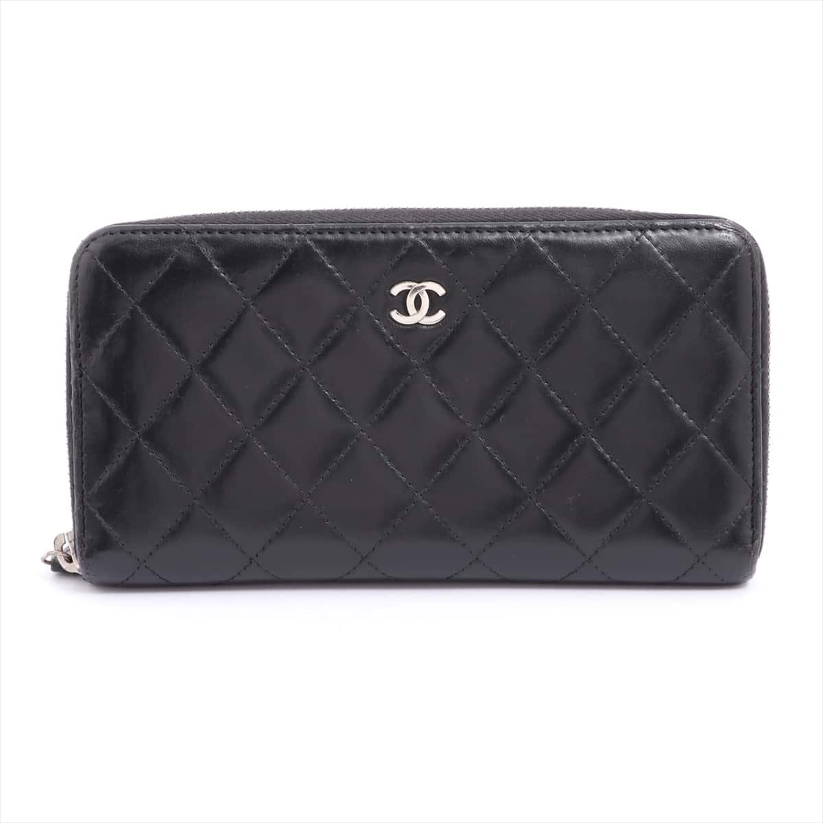 Chanel Matelasse Leather Round-Zip-Wallet Black Silver Metal fittings