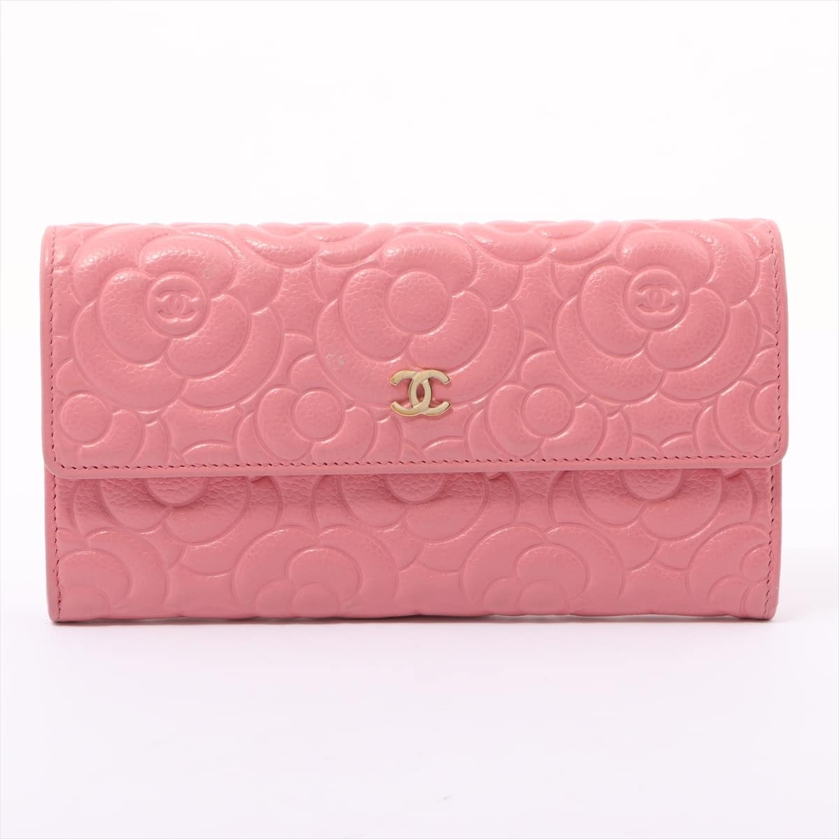 Chanel Camelia Soft Caviarskin Wallet Pink Gold Metal fittings 29th Exterior dirt, internal thread, corner thread, peeling