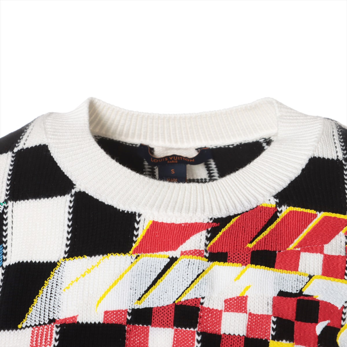 Louis Vuitton 22AW Cotton & nylon Short Sleeve Knitwear S Ladies' Black × White  Damier RACE CAR RW222W