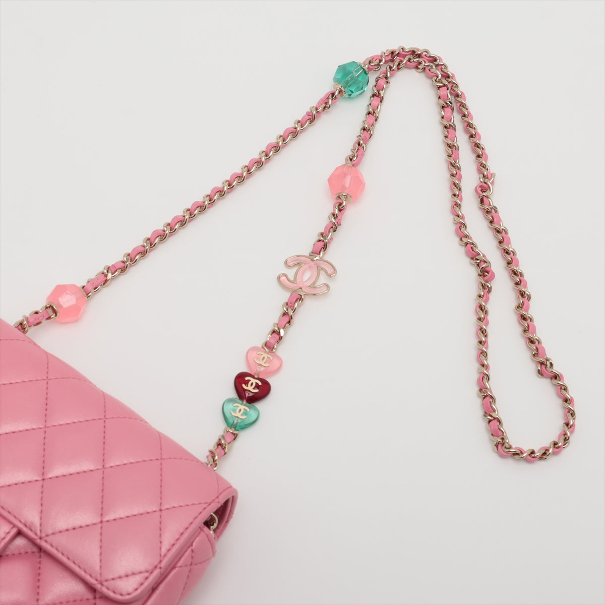 Chanel Matelasse Lambskin Single flap single chain bag bead charms Pink Gold Metal fittings