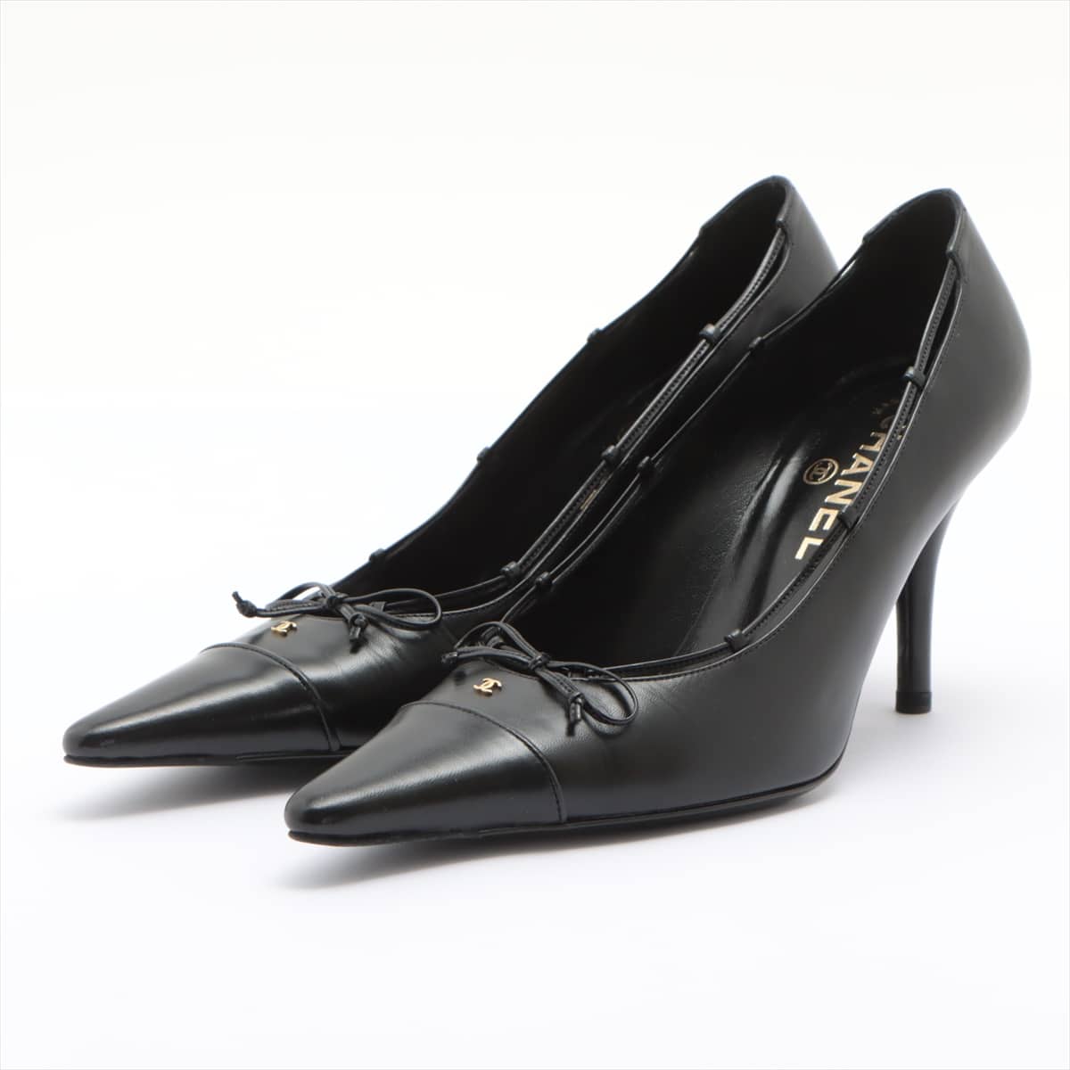 Chanel Coco Mark 05A Leather Pumps 38 1/2 Ladies' Black G24776 Pointed toe Ribbon