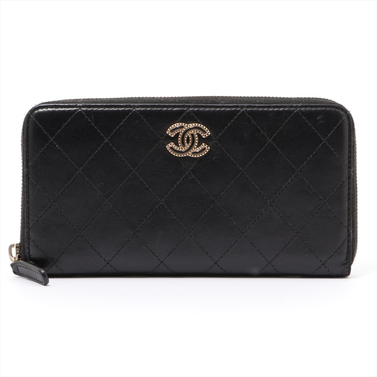Chanel Matelasse Lambskin Round-Zip-Wallet Black Gold Metal fittings 24XXXXXX