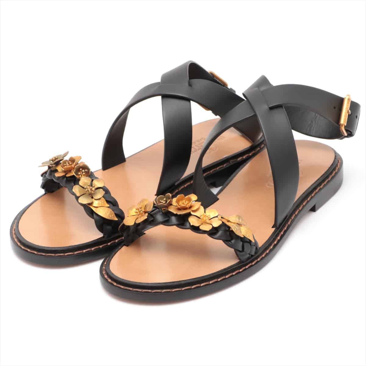 Valentino Garavani Leather Sandals 36 Ladies' Black Flower Motif