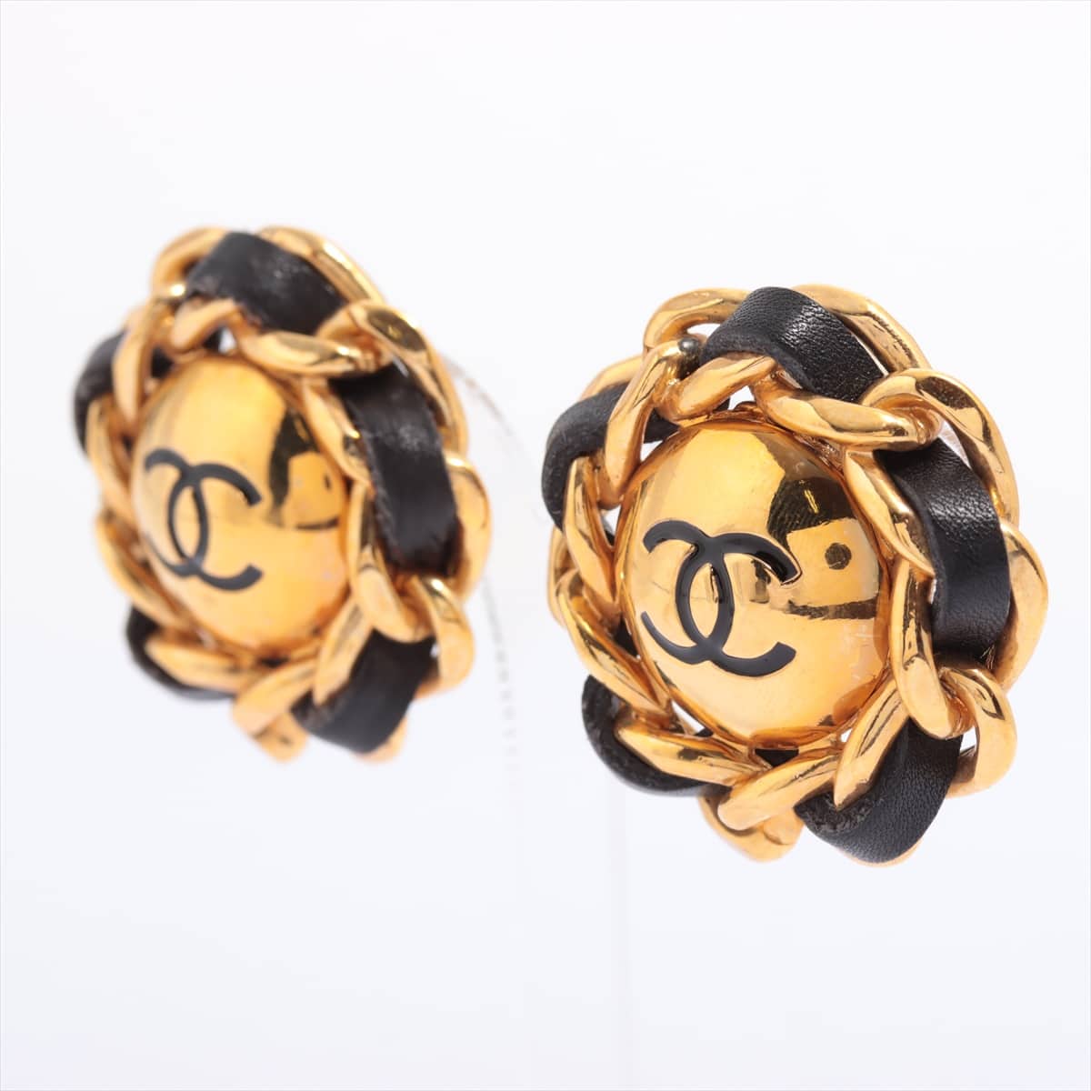 Chanel Coco Mark 93A Earrings (for both ears) GP & Leather Black×Gold