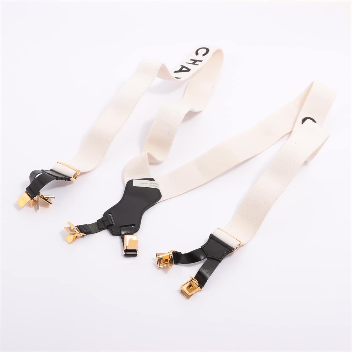 Chanel Logo Suspenders Canvas & leather White