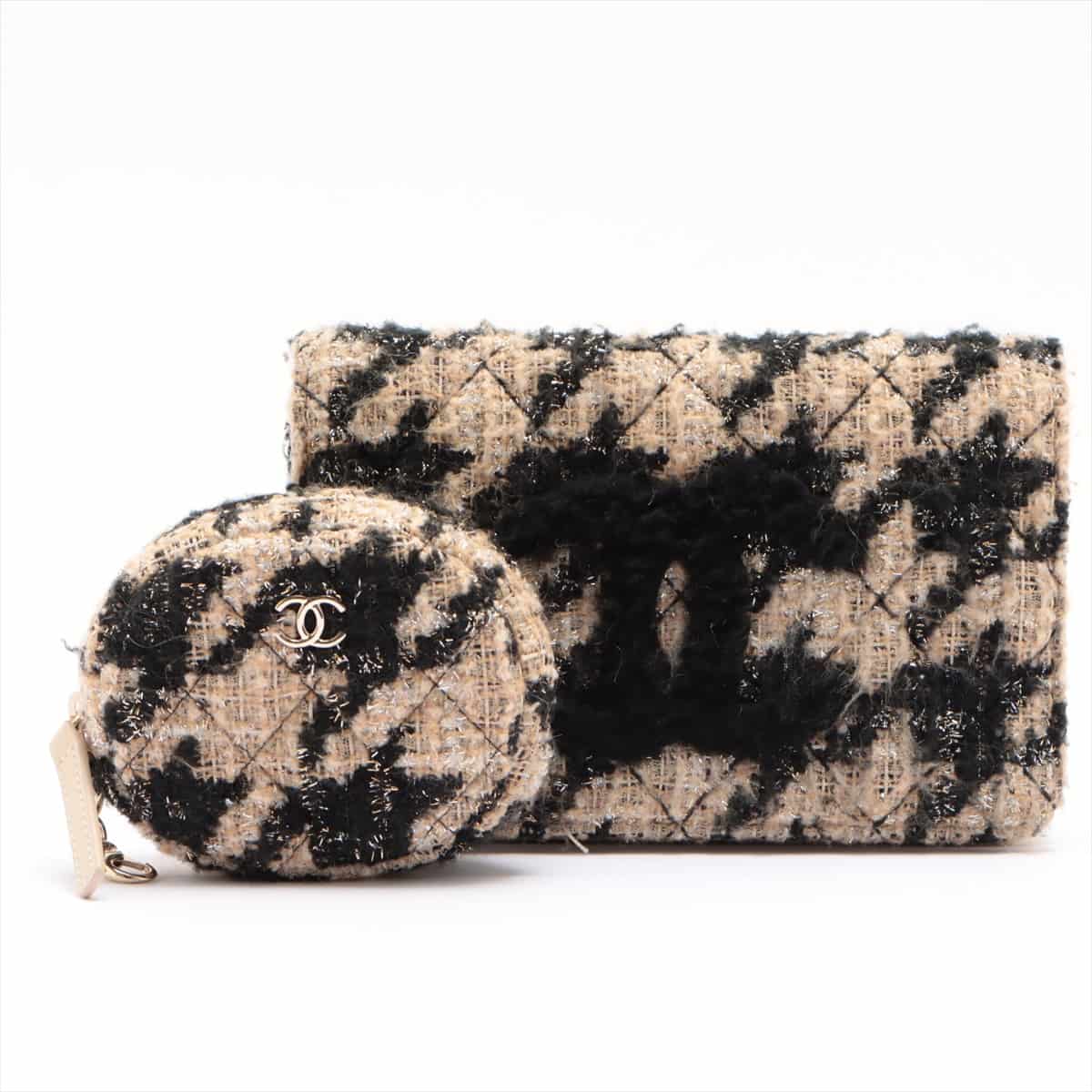 Chanel Coco Mark Tweed Chain wallet Houndstooth pattern black x beige Gold Metal fittings 28th with pouch