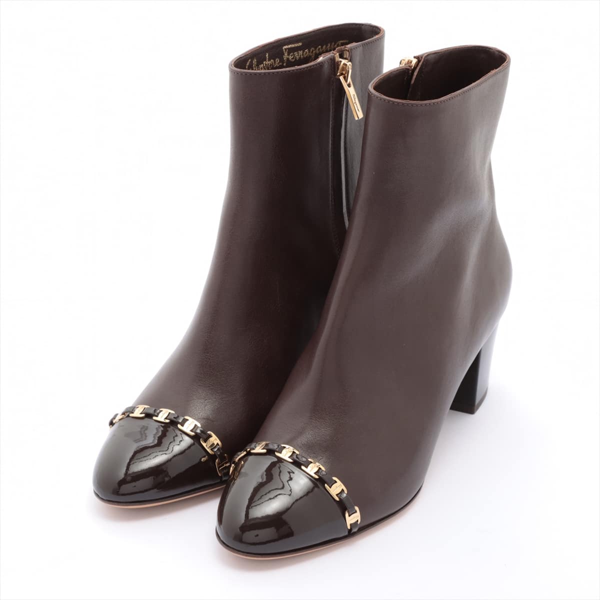 Ferragamo Vara Leather Short Boots 6 1/2 Ladies' Brown Mini Vala chain plate