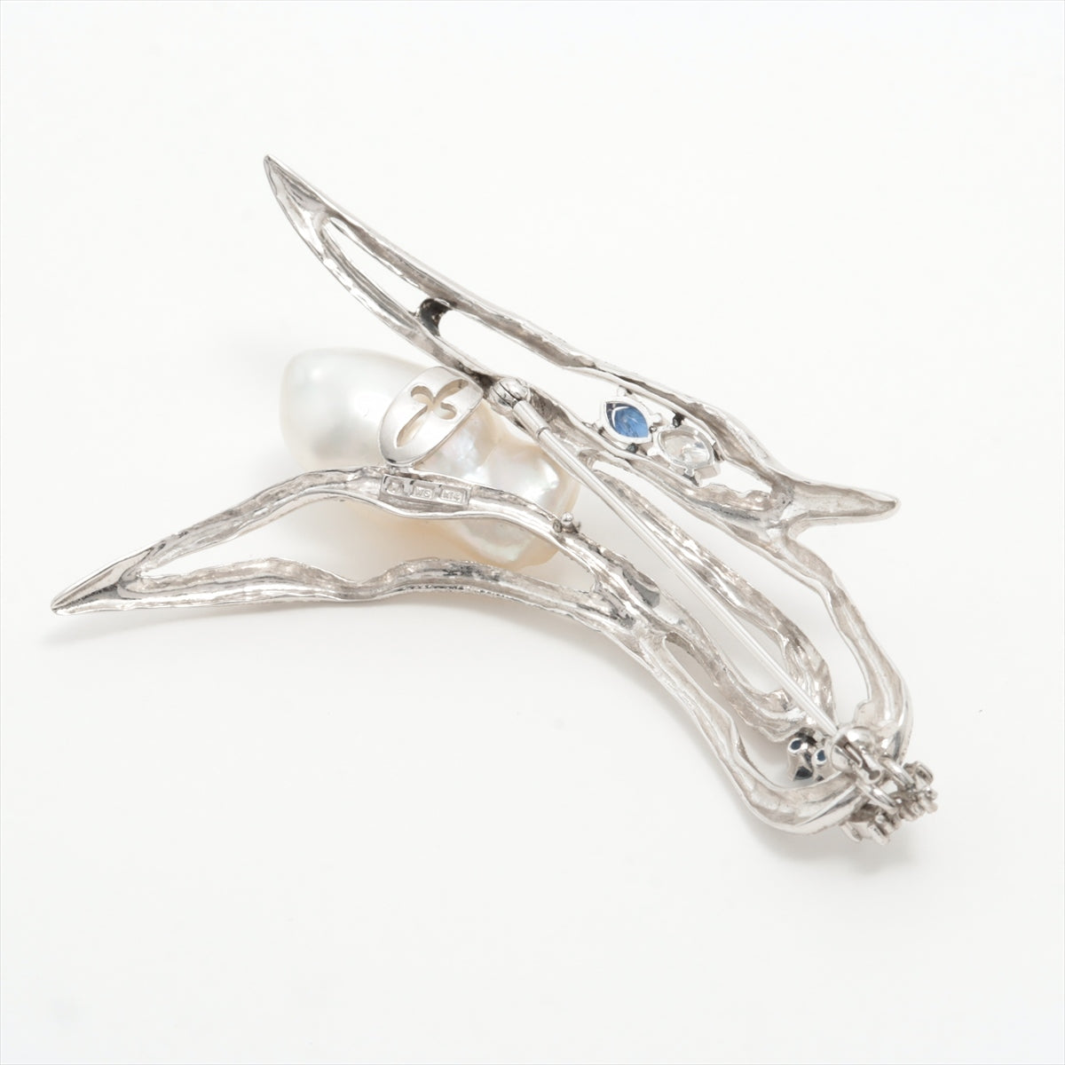 Mikimoto Pearl diamond Sapphire Brooch K14WG 17.9g
