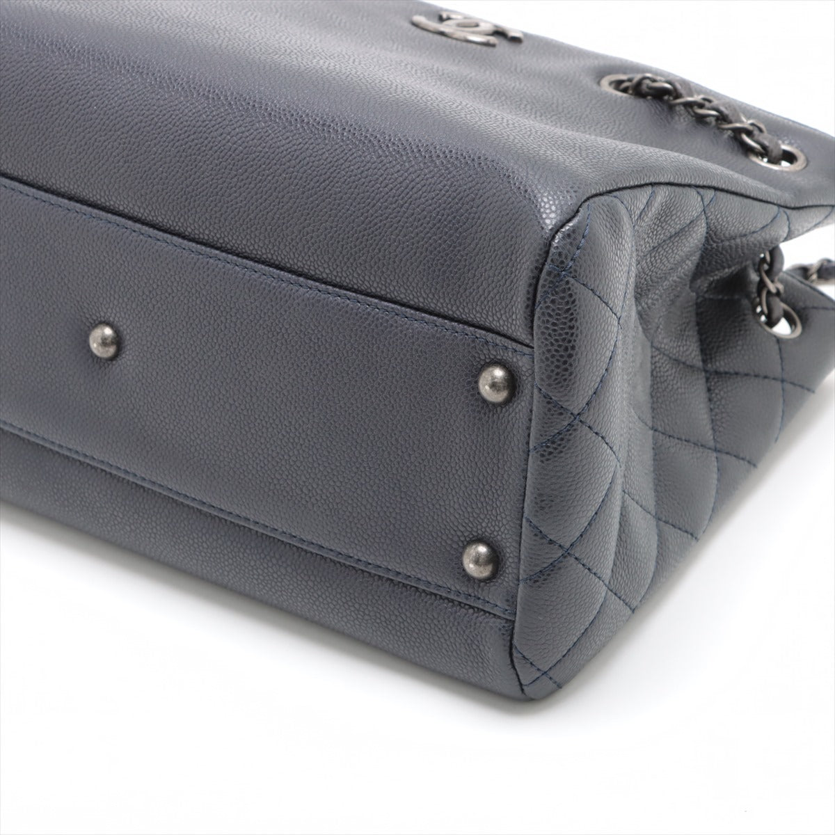 Chanel Coco Mark Caviar Skin Chain Tote Bag Navy Blue Silver Metal Fittings 22XXXXXX