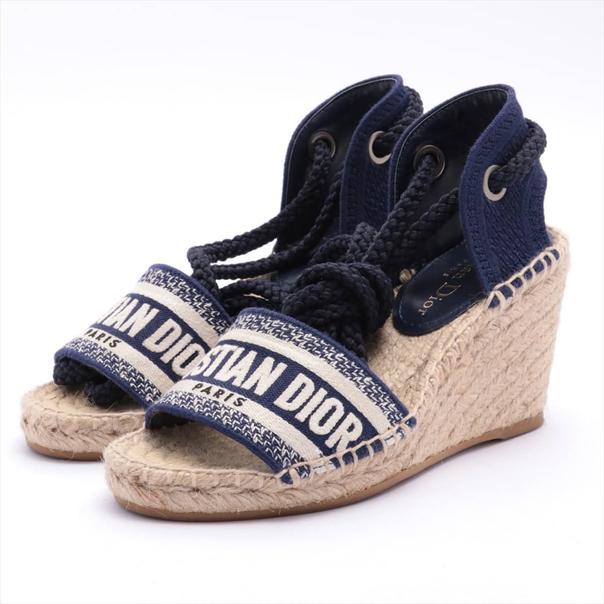 Christian Dior jute Wedge Sole Sandals 34 1/2 Ladies' Navy blue CL0120