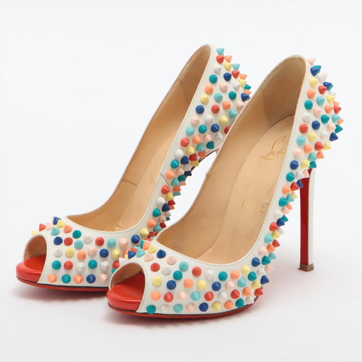 Christian Louboutin Studs Leather Open-toe Pumps 36 1/2 Ladies' White multicolor studs