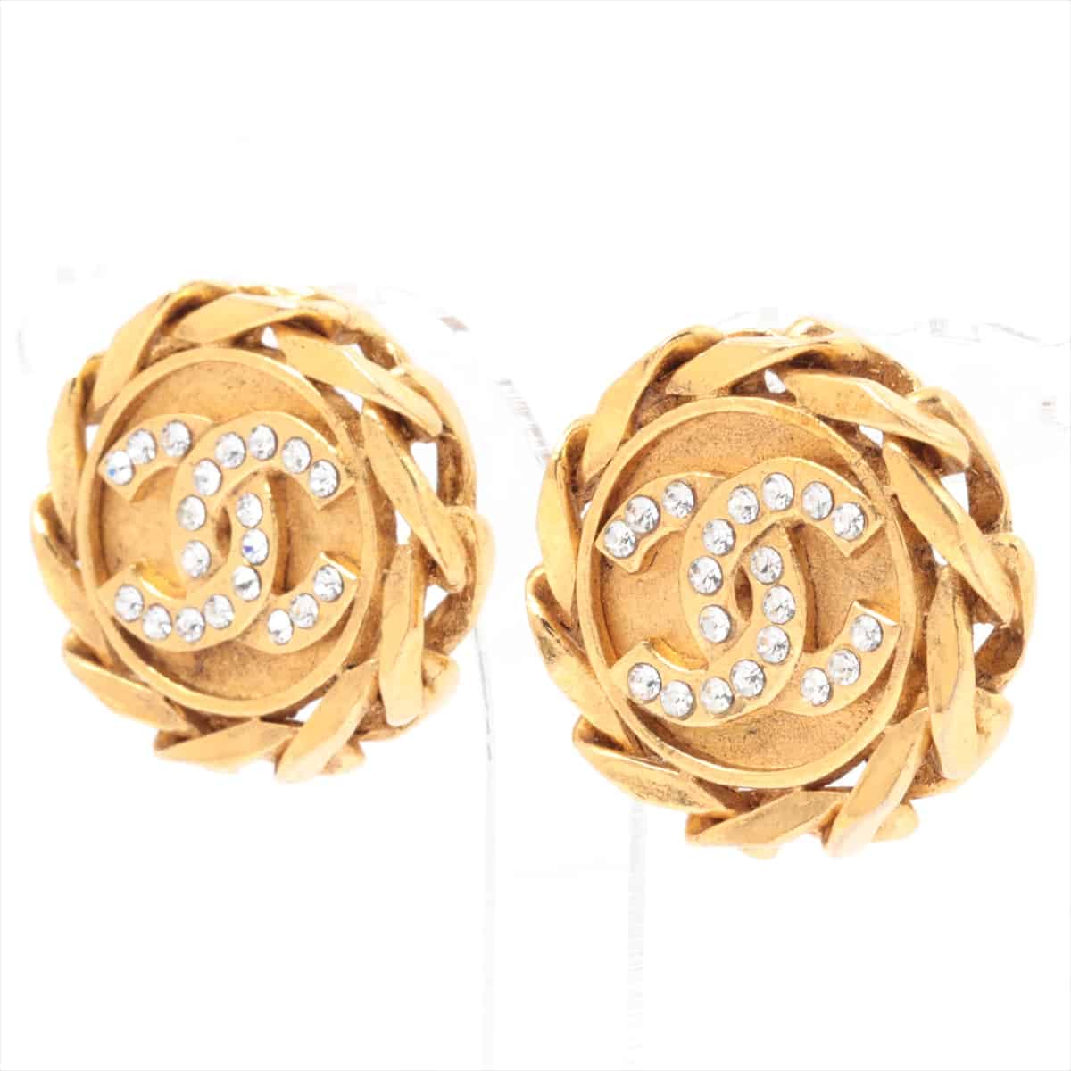 Chanel Coco Mark Earrings (for both ears) GP Gold 2 3 Rhinestone