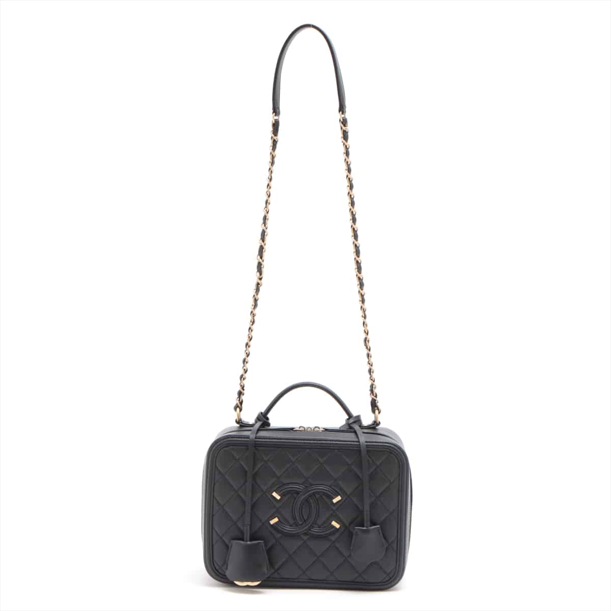 Chanel CC Filigree Caviarskin Vanity bag Black Gold Metal fittings 28th With mirror