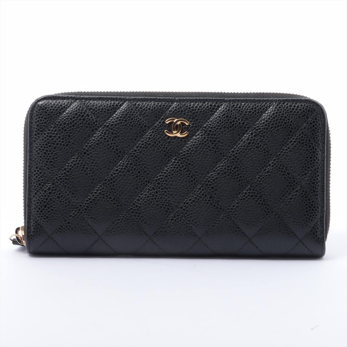 Chanel Matelasse Caviarskin Round-Zip-Wallet Black Gold Metal fittings 27th All thread scratch