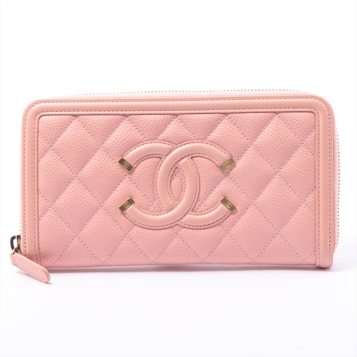 Chanel CC Filigree Caviarskin Round-Zip-Wallet Pink Gold Metal fittings 27th