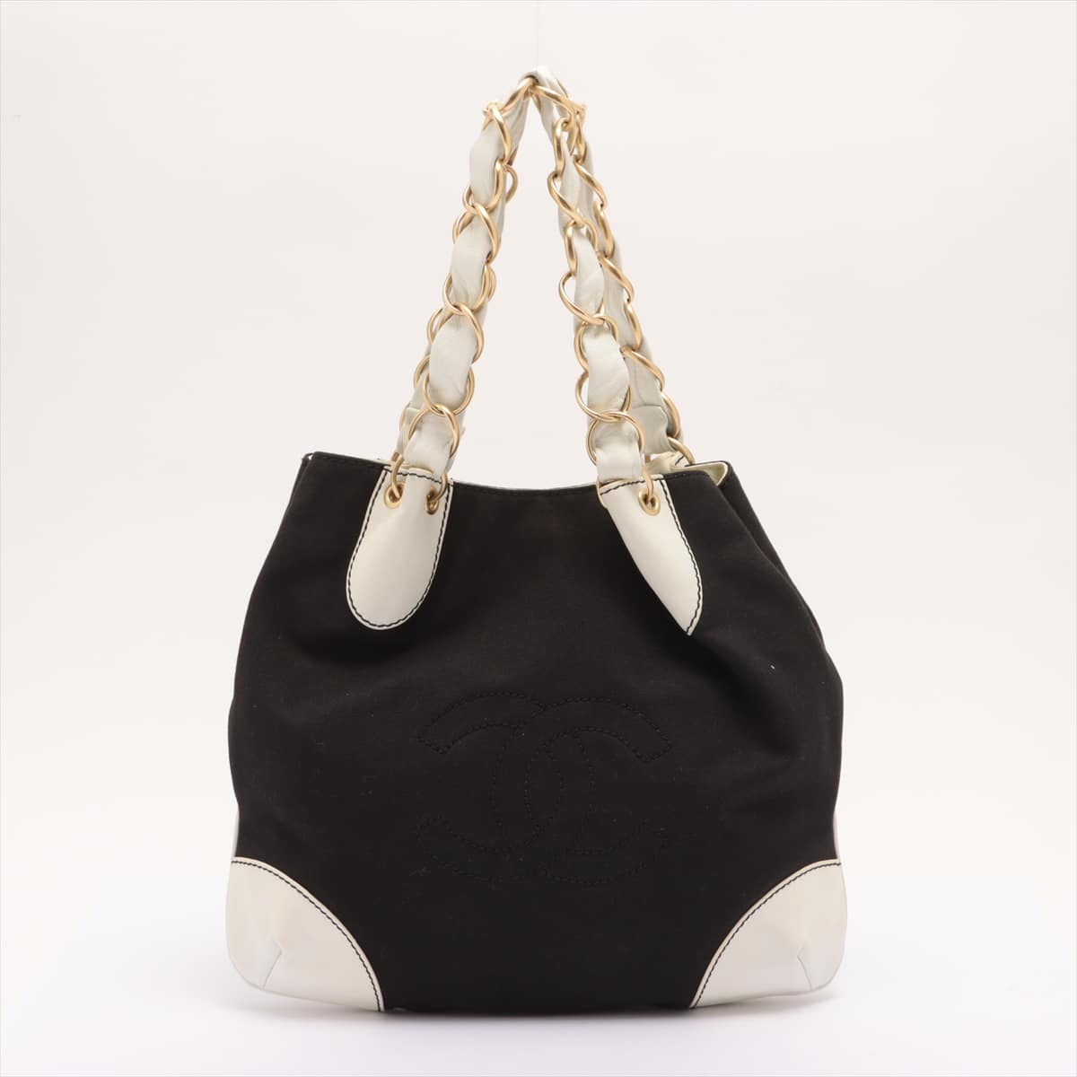Chanel Coco Mark Canvas & leather Chain tote bag Black × White Gold Metal fittings 8XXXXXX