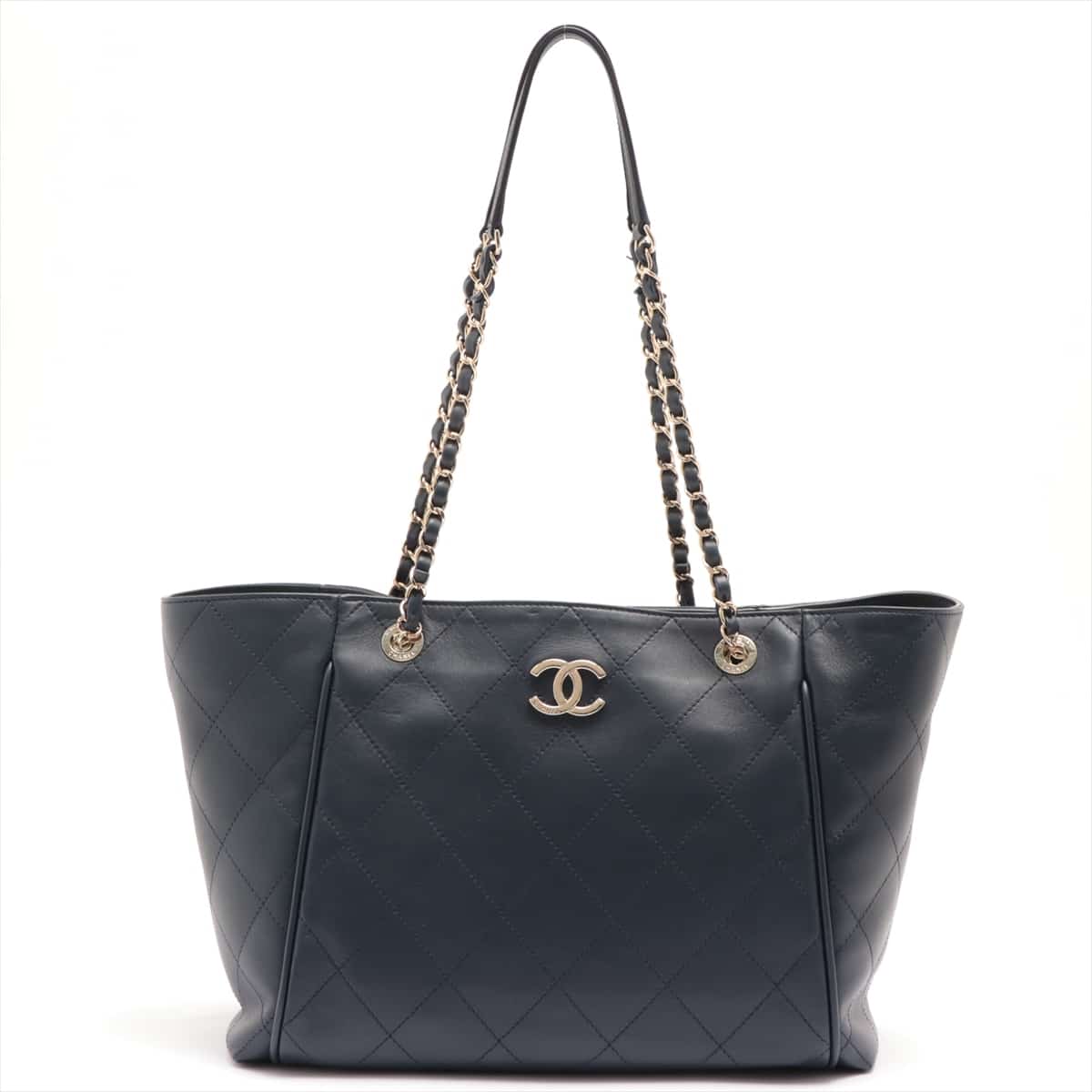 Chanel Matelasse Calfskin Chain tote bag Navy blue Gold Metal fittings 31st with pouch