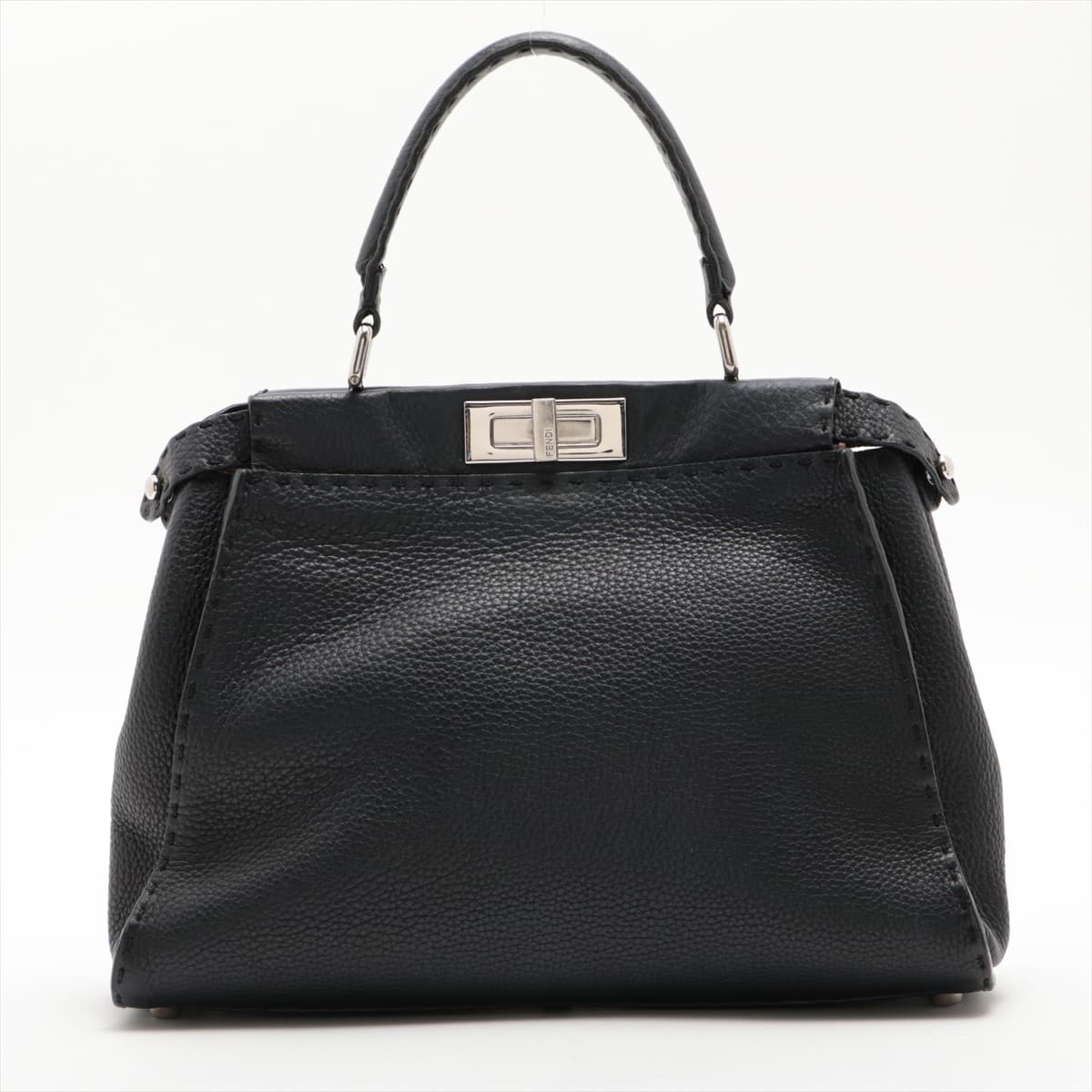 Fendi PEEKABOO REGULAR Selleria Leather Hand bag Black 8BN226 Turn lock loose